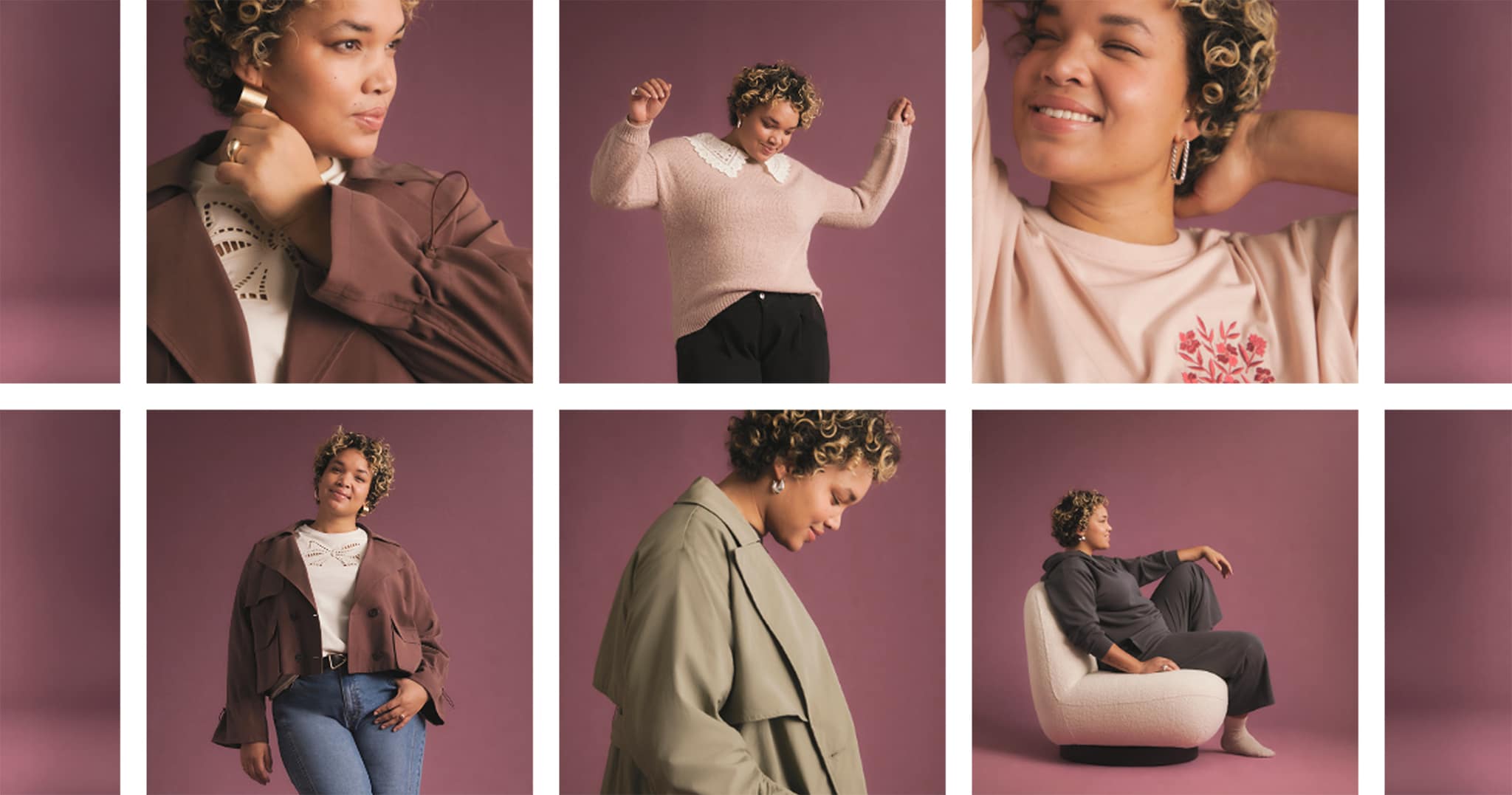 A montage of a model wearing a variety of outfits