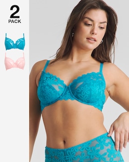 Pretty Secrets (2 Pack) Daisy Lace Full Cup Bras (B-G) Blue/Pink