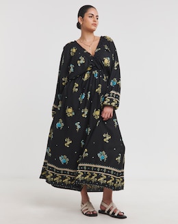 Simply Be Black Floral Printed Linen Blend Midi Dress