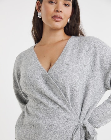 Simply Be Brushed Yarn Grey Marl Diamante Ballet Wrap Cardigan
