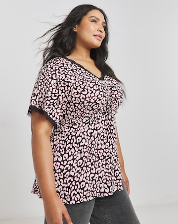 Foil Firework Print Wrap Top With Shirred Cuff