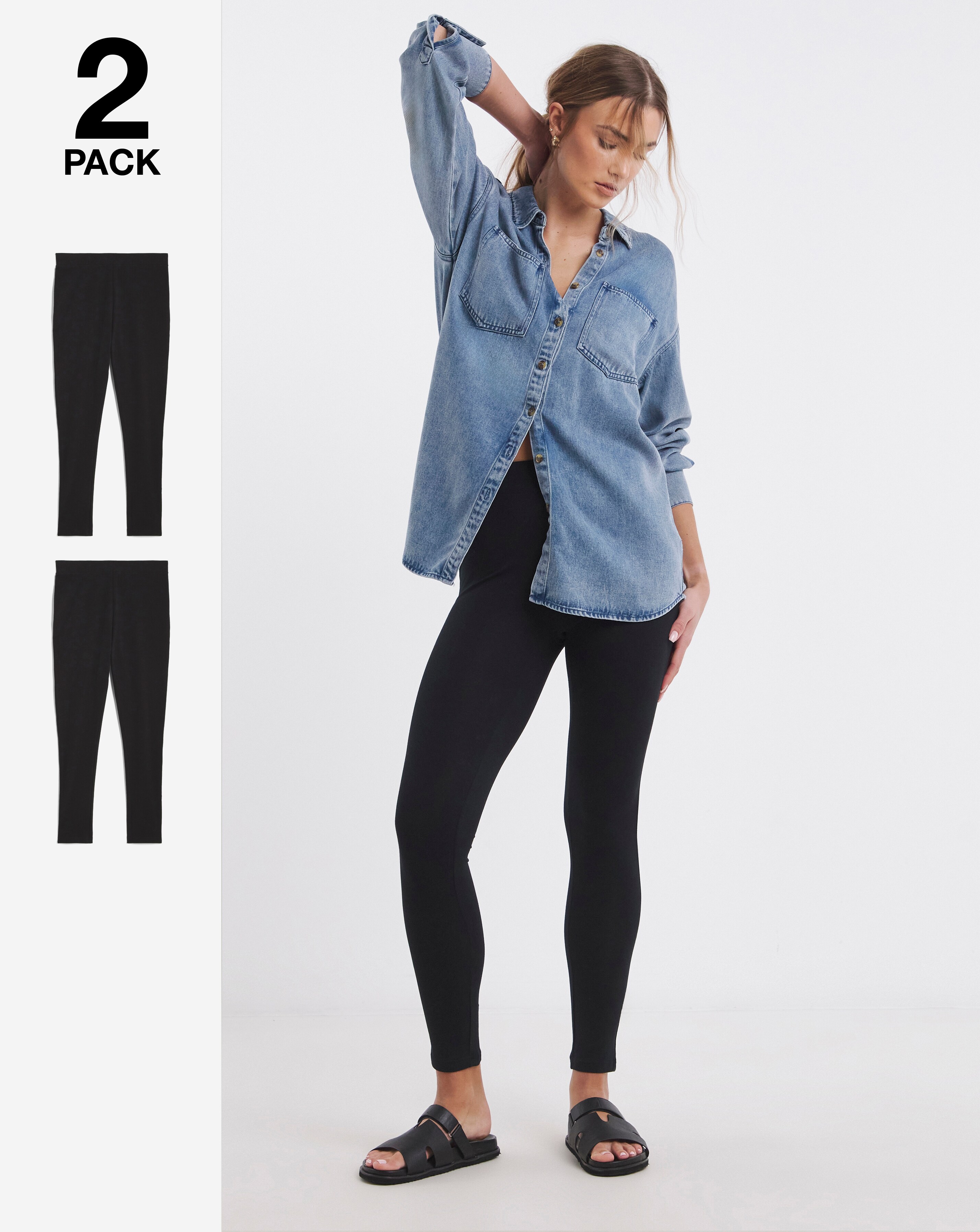 2 Pack Black Cotton Rich High Waisted Leggings