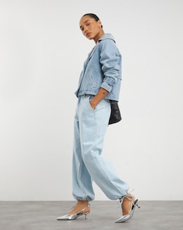 Simply Be Light Wash Tie Detail Wide Leg Denim Parachute Jeans