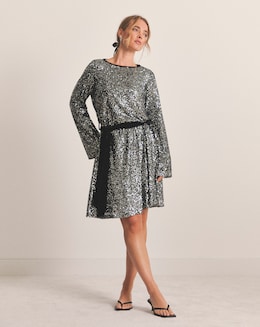 Silver Sequin Skater Dress With Satin Belt