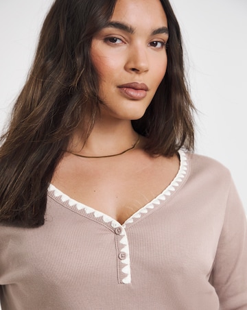 Simply Be Mocha Ribbed Henley Top with Whipstitching