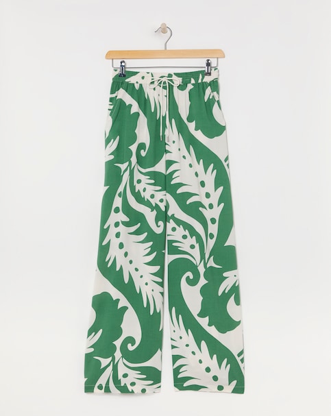 Green Print Spun Viscose Pull On Wide Leg Trousers