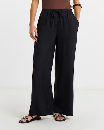 Black Tie Waist Linen Mix Wide Leg Trousers