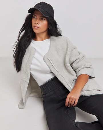Grey Round Neck Zip Through Borg Jacket