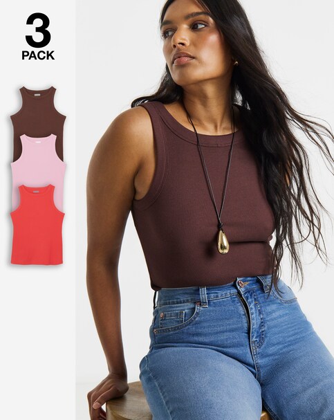 Simply Be Red, Pink & Chocolate 3 Pack High Neck Vests