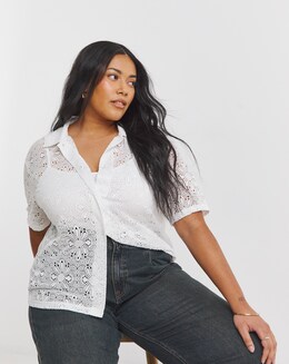 Simply Be White Floral Stretch Crochet Boxy Shirt