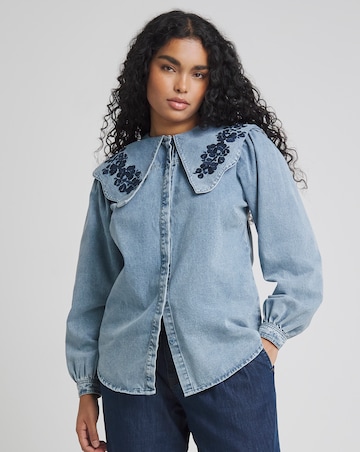 Mid Wash Puff Sleeve Denim Blouse with Embroidered Collar