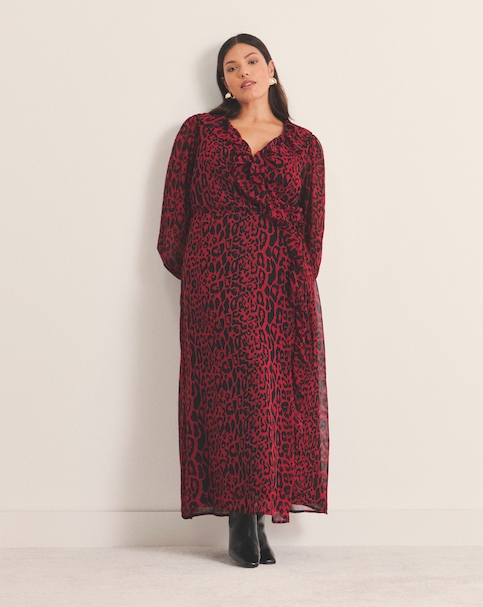 Red Leopard Georgette Frill Wrap Midi Dress