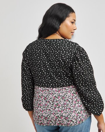 V-Neck Balloon Sleeve Mixed Print Top