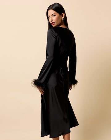 Little Mistress Black Satin Feather Trim Sleeve Midaxi Dress