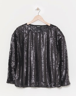 Black Flared Sleeve Matte Sequin Top