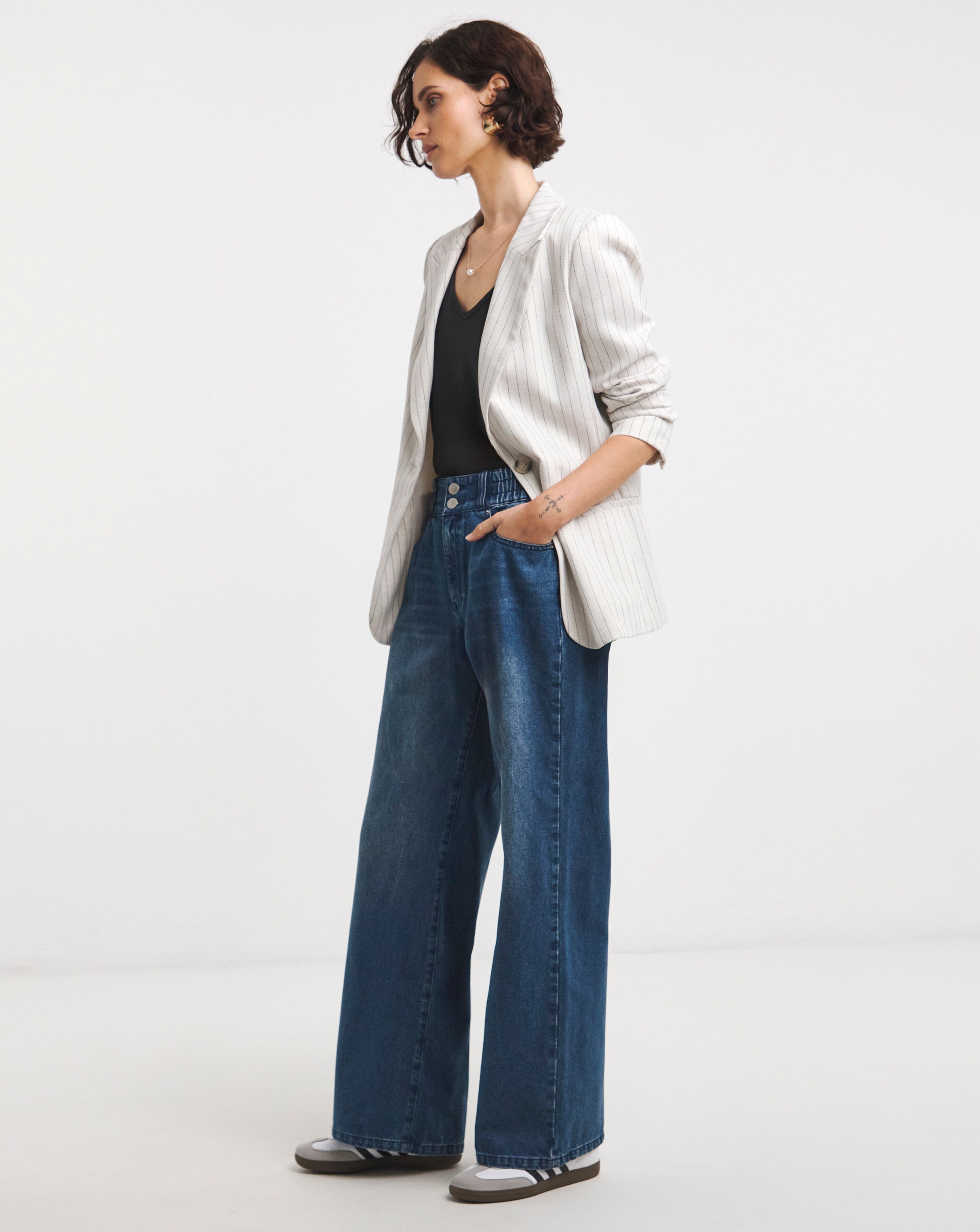 Mid Blue Elasticated Waist Wide Leg Jean