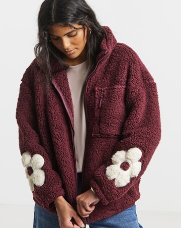 Burgundy Sherpa Teddy with Flower Sleeve Detail