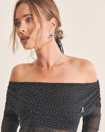 Black Hot Fix Mesh Bardot Top