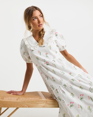 Neon Rose Printed Floral Cotton Poplin Midaxi Dress with Contrast Collar