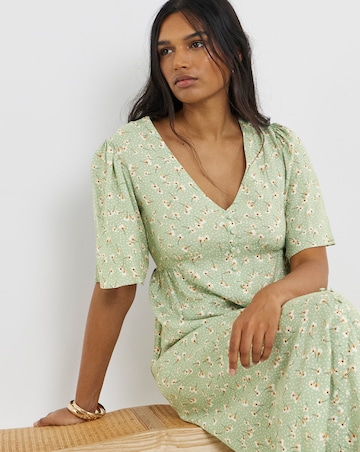 Sage Ditsy Print Spun Viscose Button Up Midi Dress