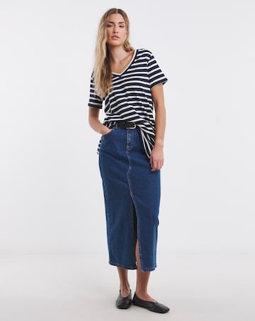 Simply Be Grey Marl & Navy Stripe 2 Pack Longline V Neck T-Shirts