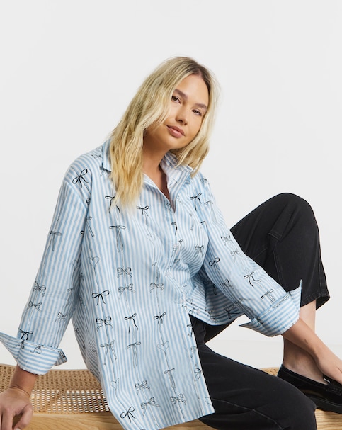 Stripe Cotton Shirt with Bow Print