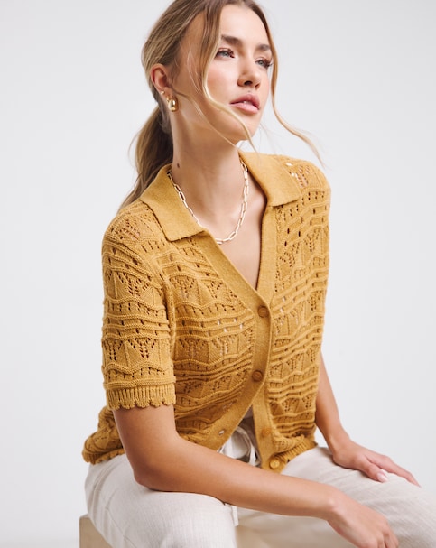 Simply Be Ochre Pointelle Collared Knit Top