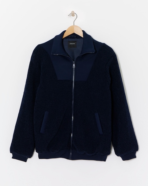 Navy Borg Rib Collar Zip Up Jacket