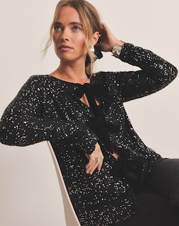 Pewter Bow Linear Sequin Cardigan