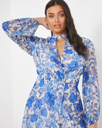 Joanna Hope Printed Metallic Blue Dobby Maxi Dress