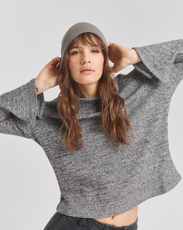 Charcoal Marl Goddess Ribbed Top With Fluted Sleeves