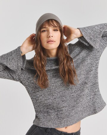 Charcoal Marl Goddess Ribbed Top With Fluted Sleeves