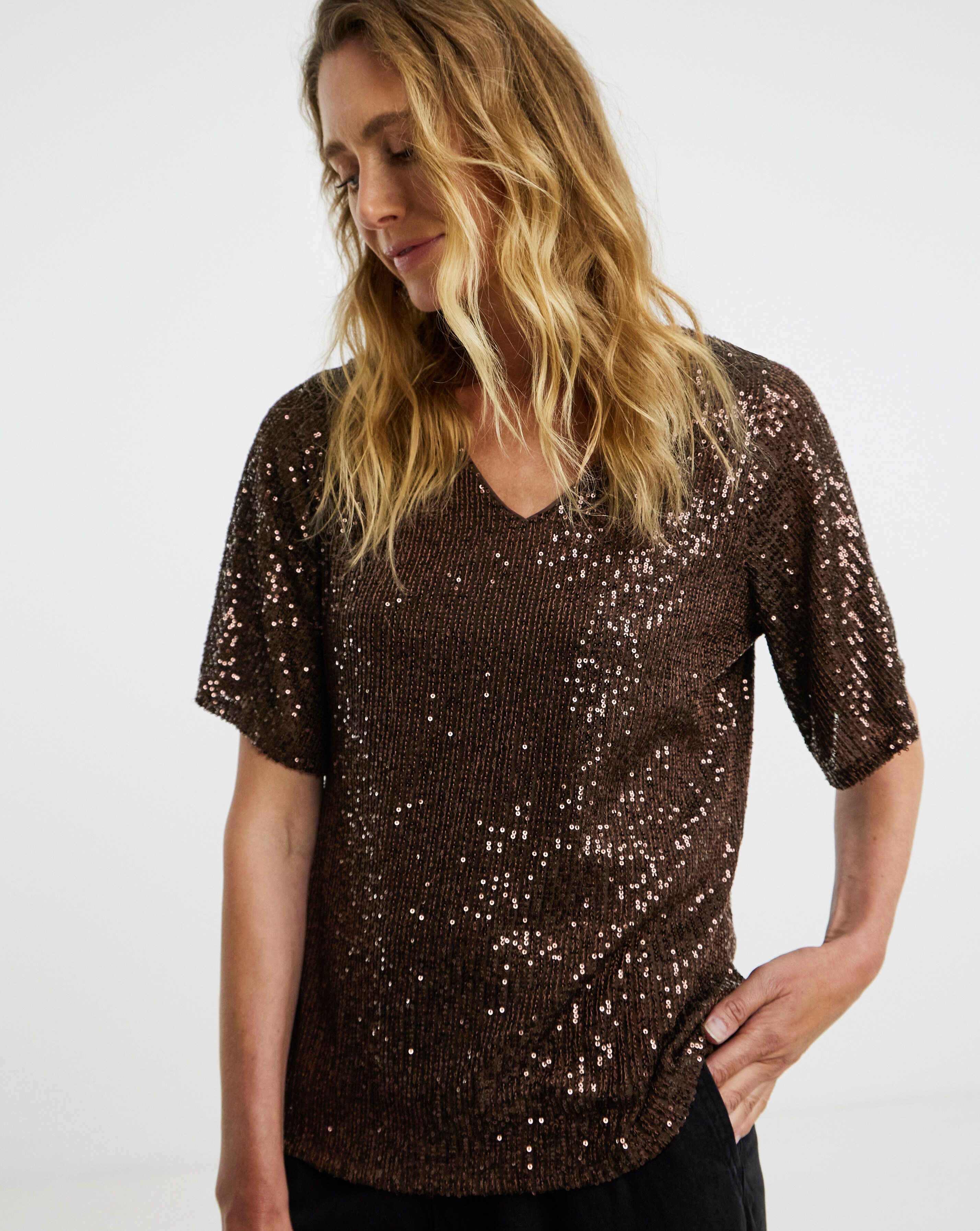 Sequin V-Neck Angel Sleeve Top