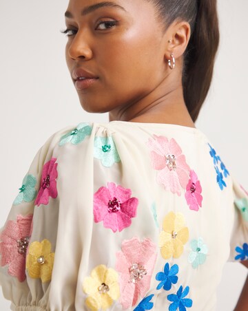 Maya Curve V Neck Floral Embroidered Midi Dress