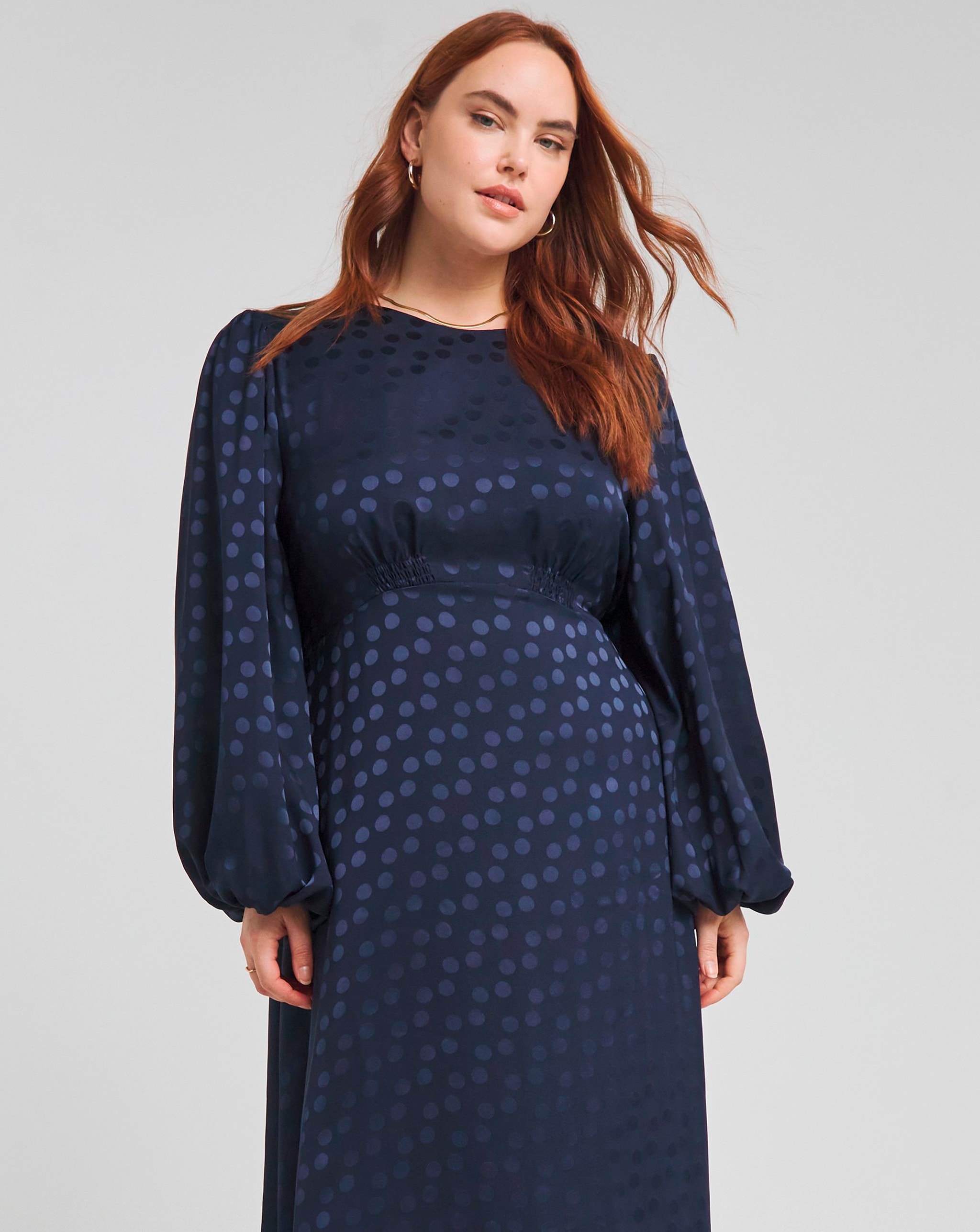 Model wearing blue Joanna Hope Jacquard Spot Maxi Dress