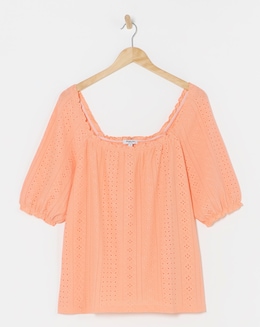 Coral Jersey Broderie Square Neck Top