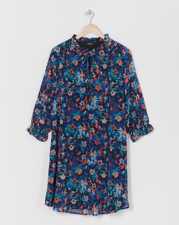 Trapeze Swing Dress with Tie Neck and Shirred Detail