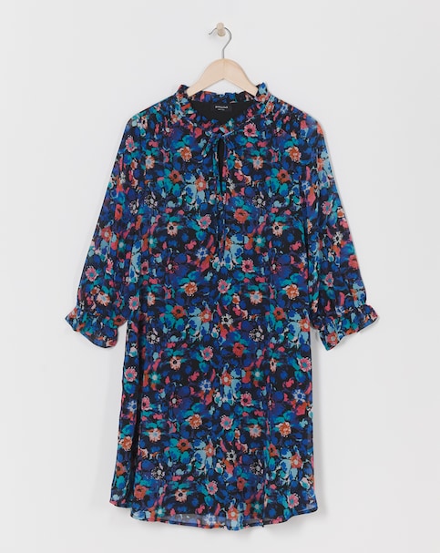 Trapeze Swing Dress with Tie Neck and Shirred Detail