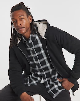 Borg Lined Full Zip Hoodie - Black