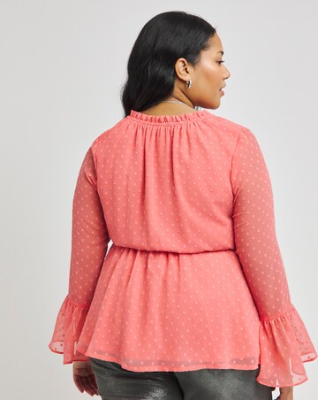 Coral Tie Neck Dobby Long Sleeve Smock Blouse