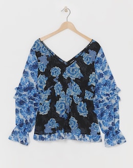 Blue Floral Shirred V-Neck Peplum Blouse with Frill Detail