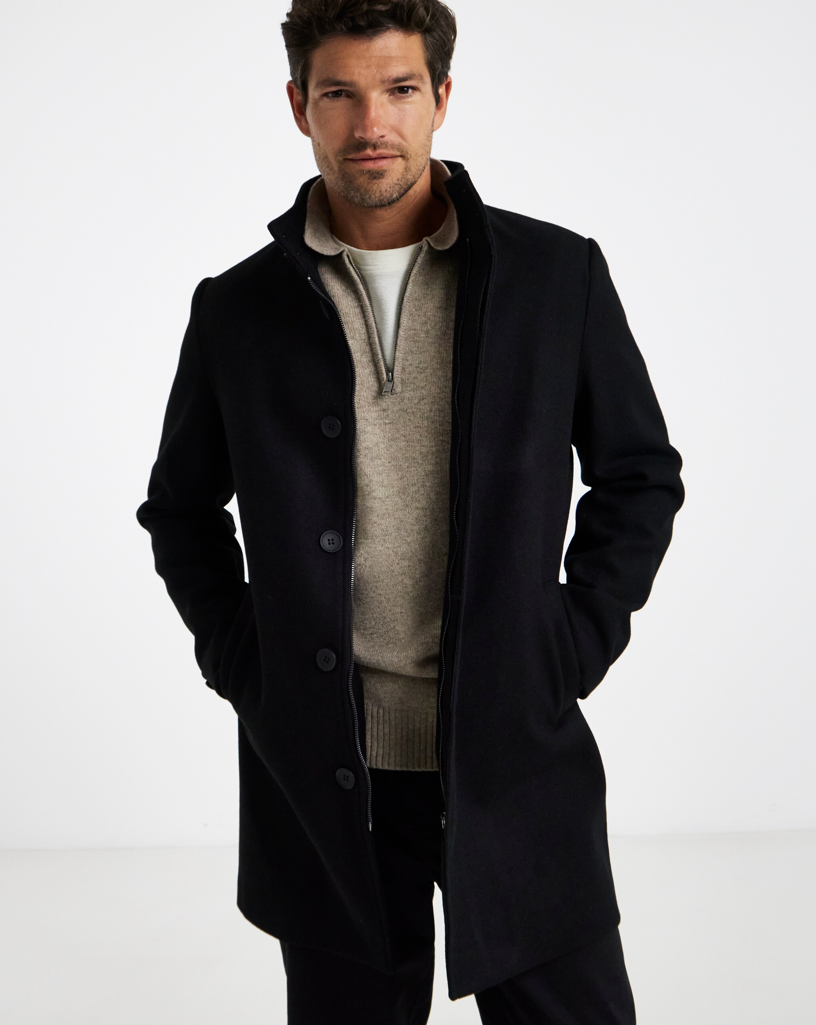 Black Faux Wool Funnel Neck Coat