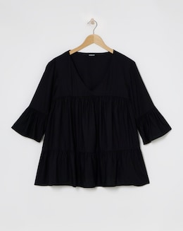 Black Viscose V Neck Tiered Smock Blouse