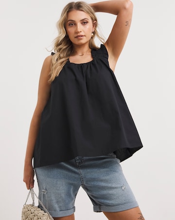 Black Shirred Strap Poplin Cami