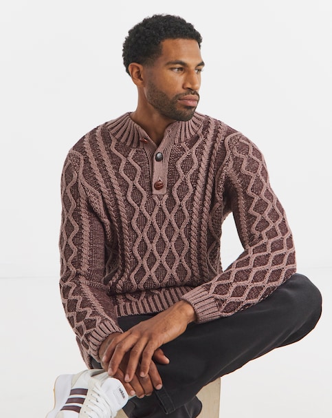 Joe Browns Button Neck Cable Knit Jumper - Chocolate