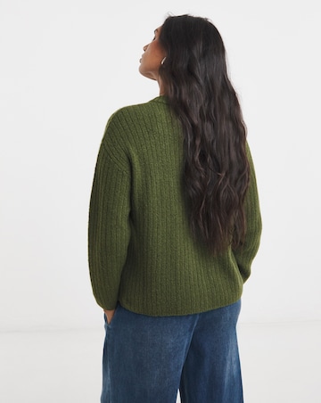 Cosy Yarn Khaki Crew Neck Ribbed Cardigan