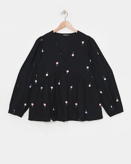 Embroidered V Neck Floral Long Sleeve Blouse