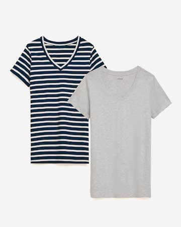 Simply Be Grey Marl & Navy Stripe 2 Pack Longline V Neck T-Shirts