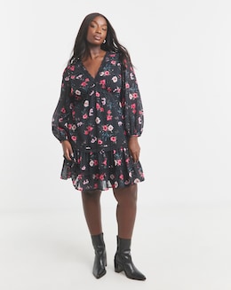 Simply Be Black Floral Lace Trim Skater Dress
