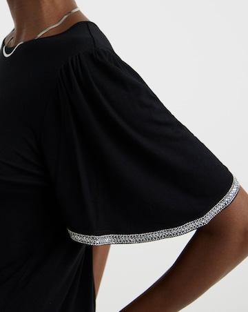 Diamante Trim Crew Neck Angel Sleeve Top